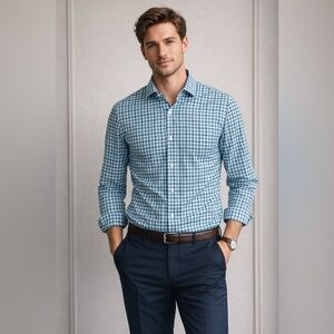 J.Crew Ludlow Slim Fit Gingham Dress Shirt Blue Teal White Cotton Men’s Medium